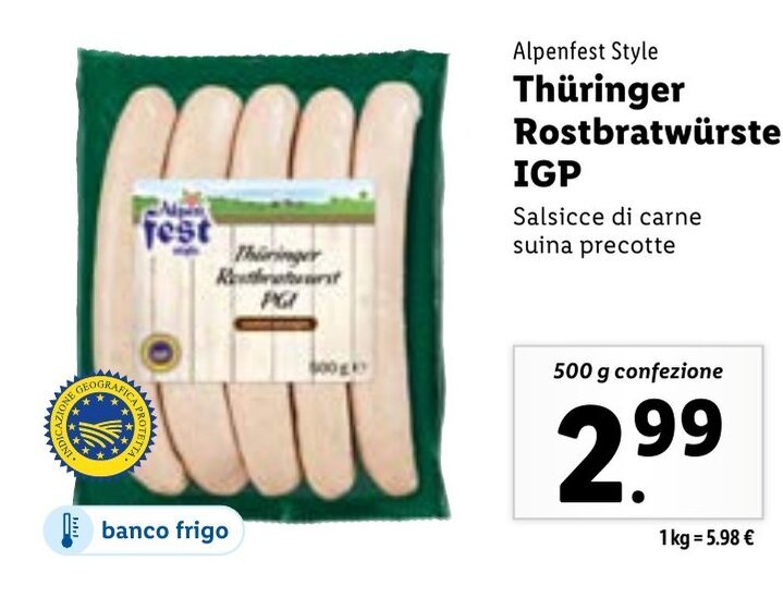 Alpenfest Style Thüringer Rostbratwürstel IGP Salsicce di Carne Suina