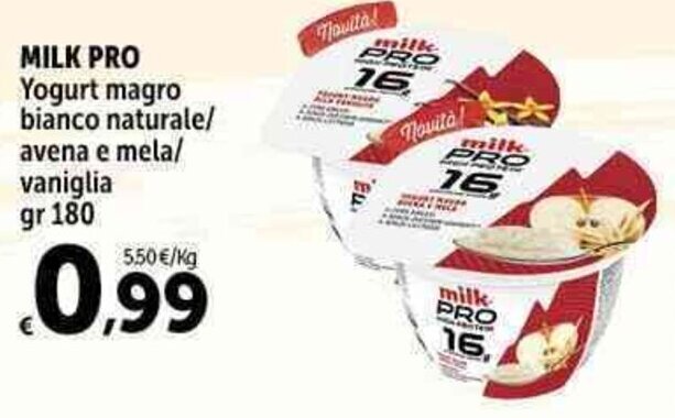 MILK PRO Yogurt Magro Bianco Naturale Avena E Mela Vaniglia Gr 180