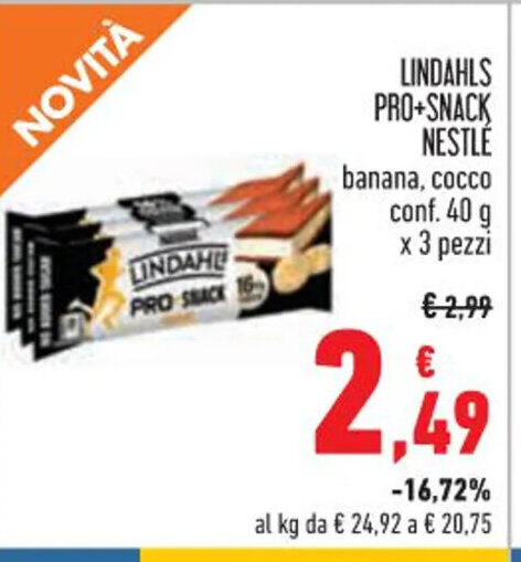 LINDAHLS PRO SNACK NESTLÉ banana cocco conf 40 g x 3 pezzi offerta di