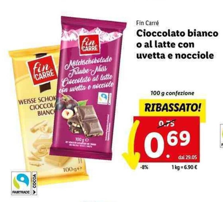 Fin Carré Cioccolato bianco o al latte con uvetta e nocciole 100 g