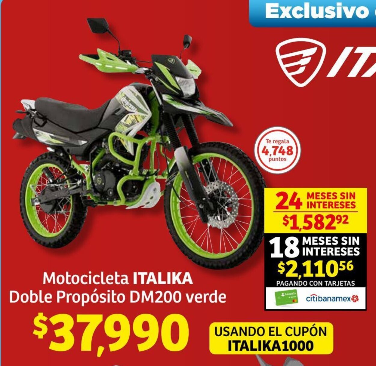 Motocicleta ITALIKA Doble Propósito DM200 verde oferta en Soriana Híper