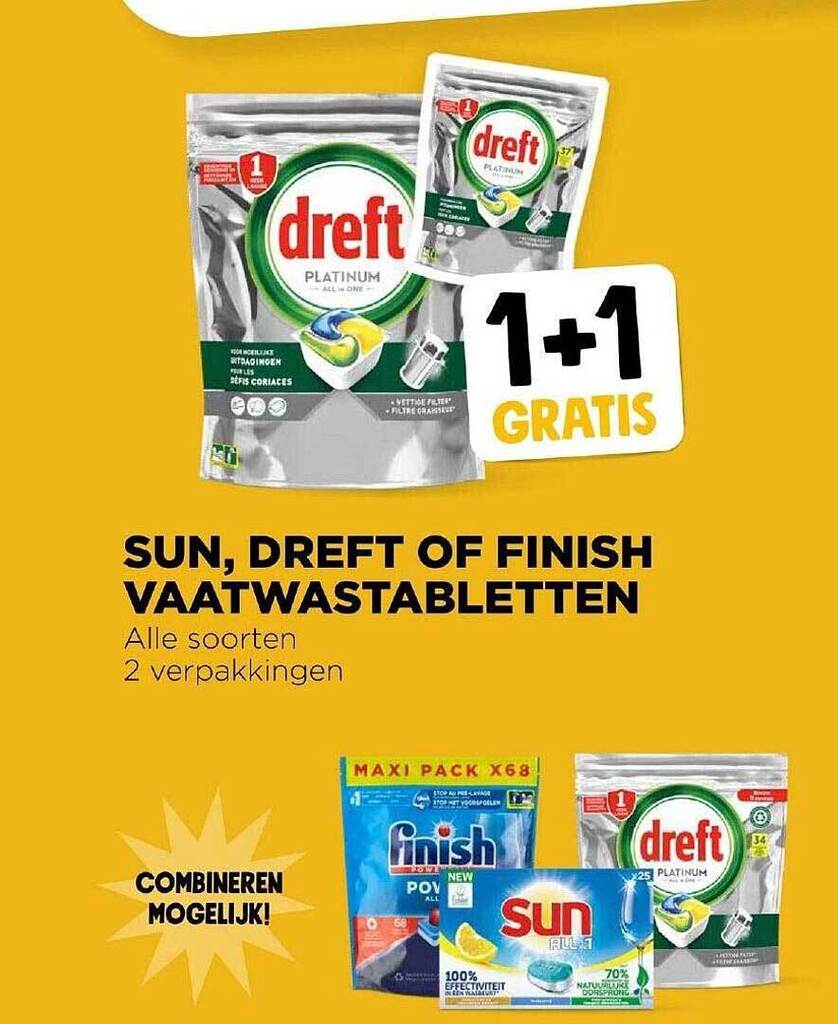 Sun Dreft Of Finish Vaatwastabletten 1 1 Gratis Aanbieding Bij Jumbo