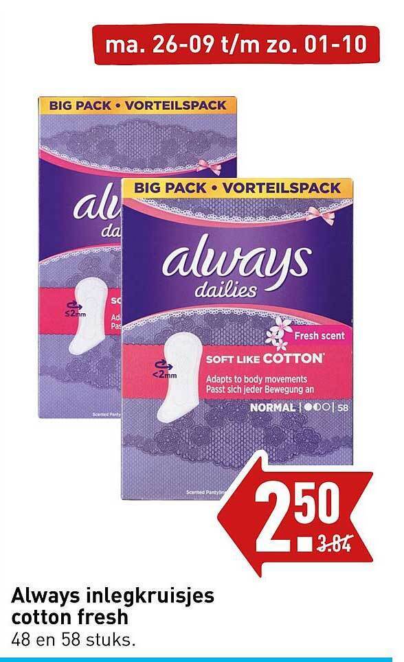 Always Inlegkruisjes Cotton Fresh Aanbieding Bij Aldi