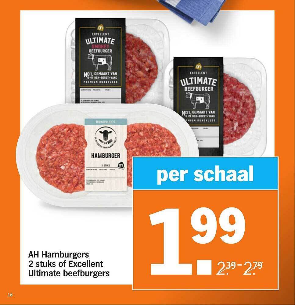 Ah Hamburgers 2 Stuks Of Excellent Ultimate Beefburgers Aanbieding Bij