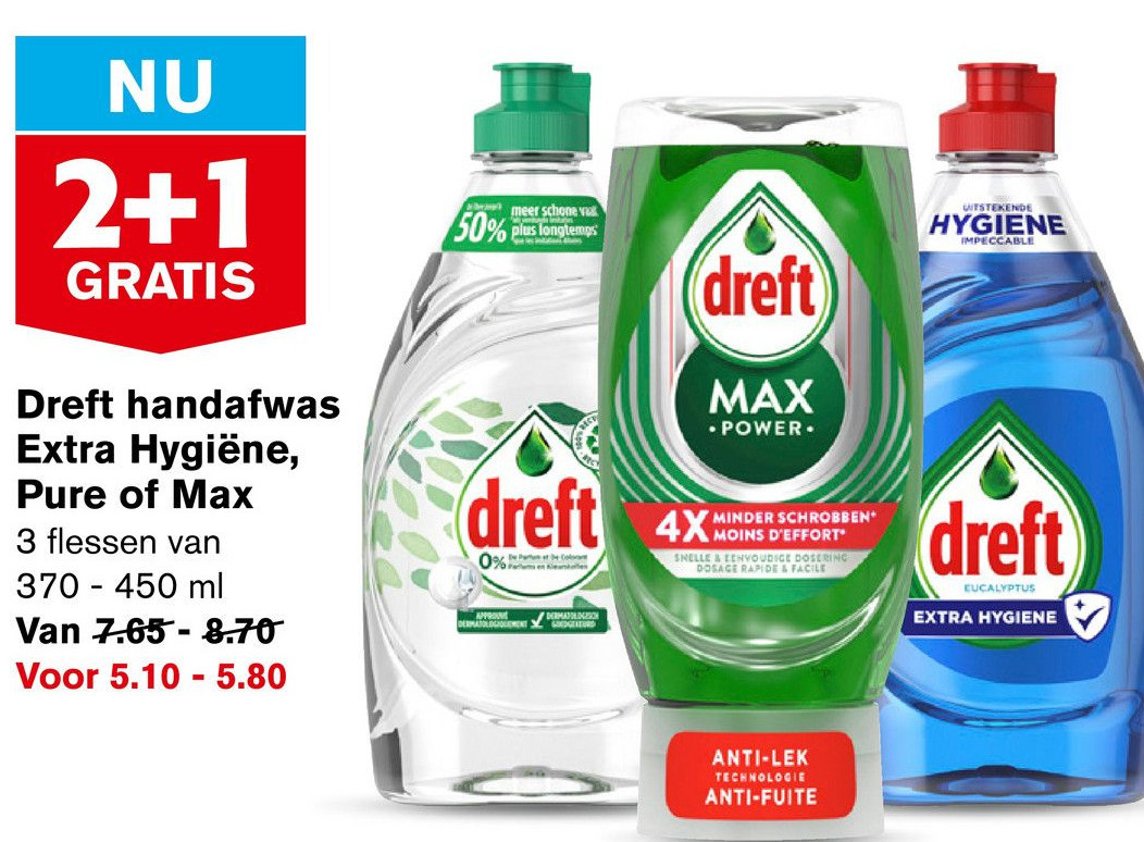 Dreft handafwas extra hygiëne pure of max aanbieding bij Hoogvliet