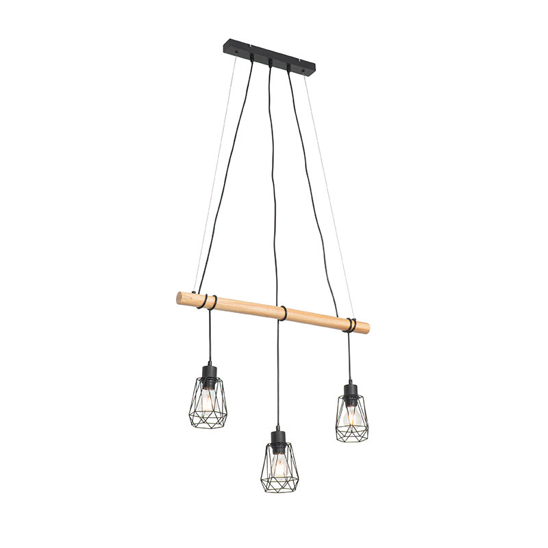 Landelijke Hanglamp Zwart Met Hout 3 Lichts Dami Frame Aanbieding Bij