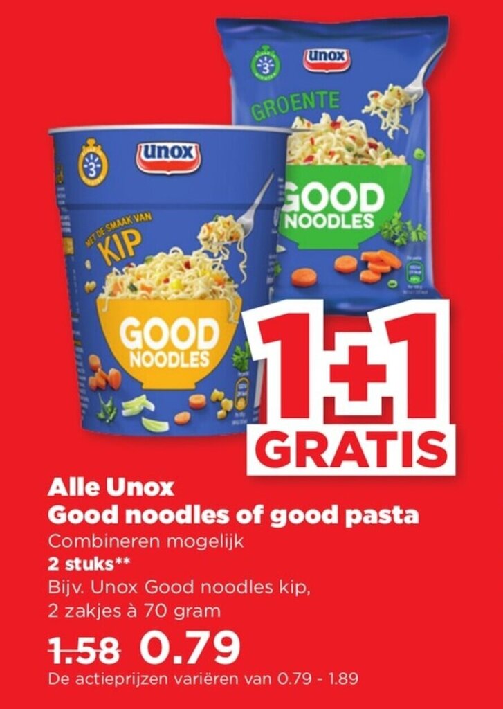 Alle Unox Good Noodles Of Good Pasta 70 Gram 1 1 Gratis Aanbieding Bij PLUS