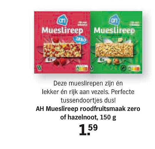 Ah Mueslireep Roodfruitsmaak Zero Of Hazelnoot G Aanbieding Bij