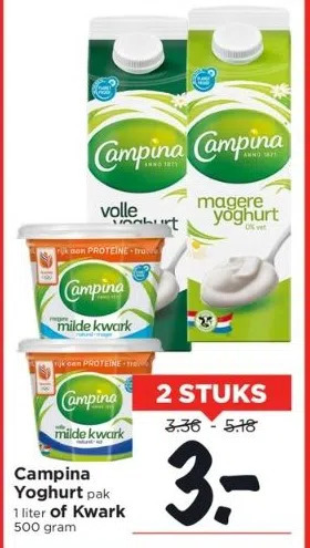 Campina Yoghurt Pak Liter Of Kwark Gram Aanbieding Bij Vomar