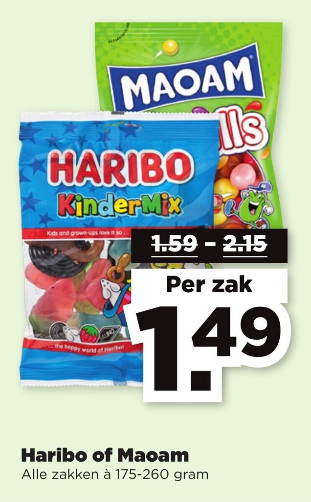 Haribo of Maoam Alle zakken à 175 260 gram aanbieding bij PLUS