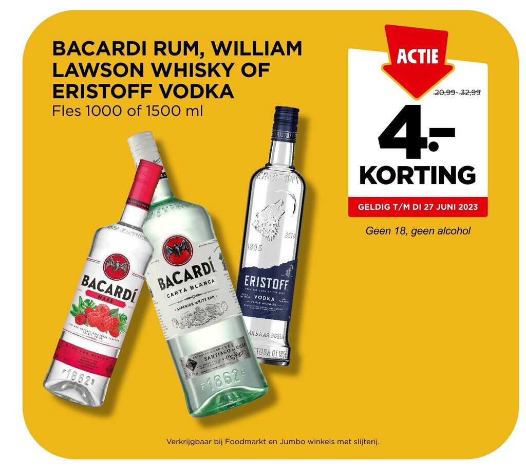 BACARDI RUM WILLIAM LAWSON WHISKY OF ERISTOFF VODKA Fles 1000 Of 1500