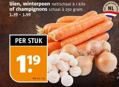 Uien winterpeen net schaal à 1 kilo of champignons schaal à 250 gram