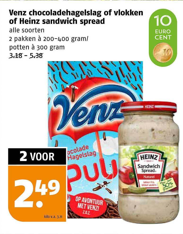 Venz Chocoladehagelslag Of Vlokken Of Heinz Sandwich Spread Aanbieding