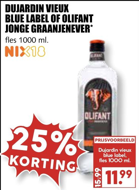 DUJARDIN VIEUX BLUE LABEL OF OLIFANT JONGE GRAANJENEVER Aanbieding Bij