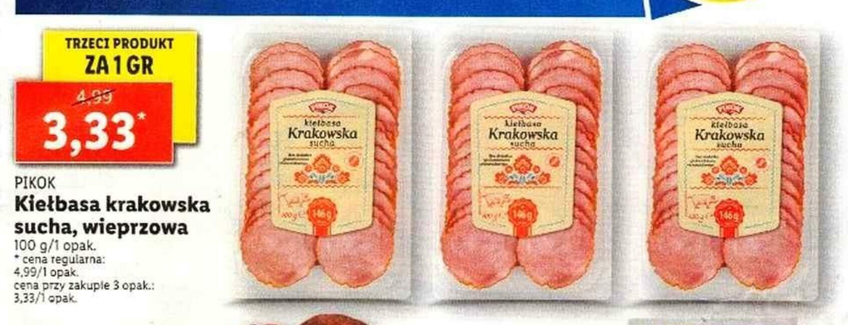 Promocja Kiełbasa krakowska sucha wieprzowa 100g w Lidl