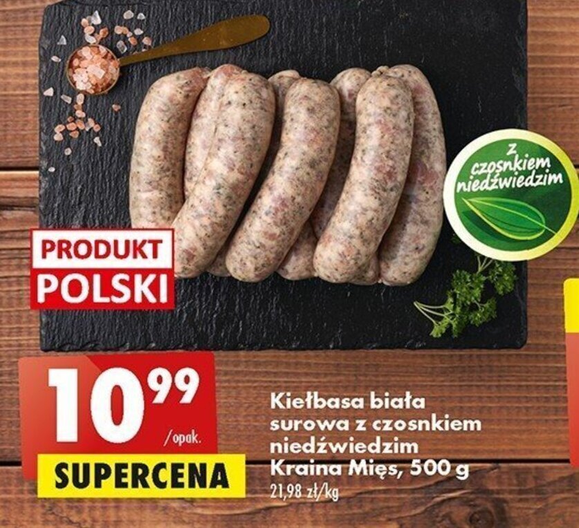 Promocja Kraina Mięs Kiełbasa biała surowa z czosnkiem niedźwiedzim