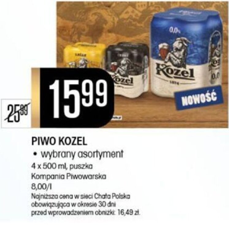 Promocja PIWO KOZEL 4 X 500 Ml Puszka W Chata Polska