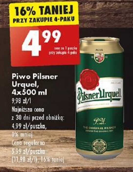 Promocja Piwo Pilsner Urquel 4x500 Ml W Biedronka