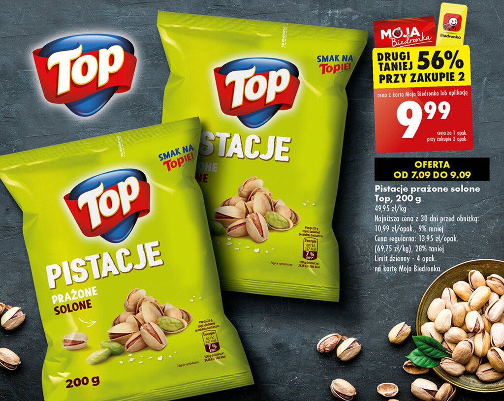 Promocja Pistacje prażone solone Top 200 g w Biedronka