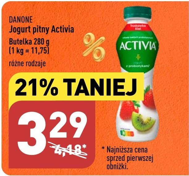 Promocja DANONE Jogurt Pitny Activia Butelka 280 G W ALDI