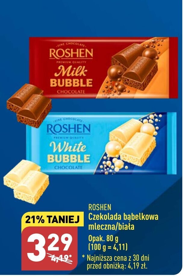 Promocja ROSHEN Czekolada bąbelkowa mleczna biała Opak 80 g w ALDI