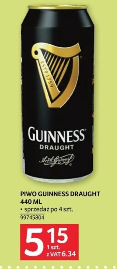 Promocja PIWO GUINNESS DRAUGHT 440 ML W Selgros