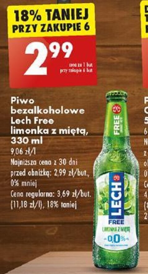 Promocja Piwo bezalkoholowe Lech Free limonka z miętą 330 ml Biedronka