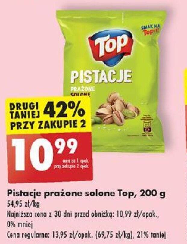 Promocja Pistacje prażone solone Top 200 g Biedronka