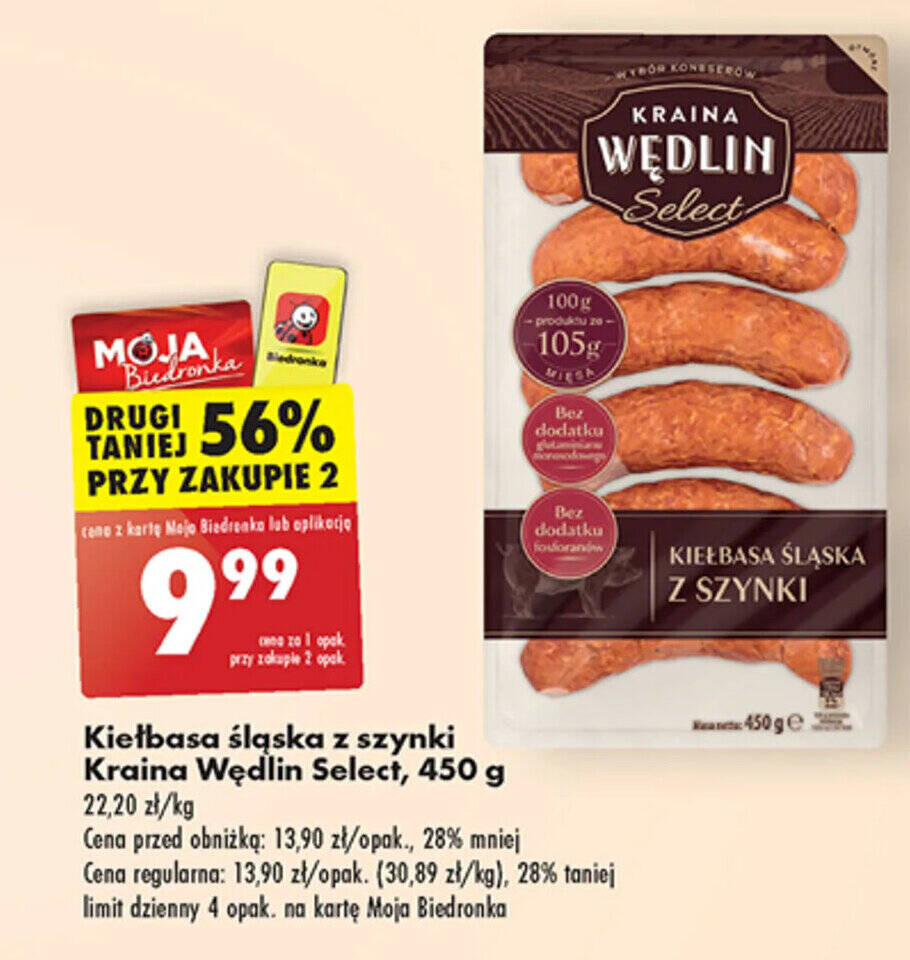 Promocja Kiełbasa śląska z szynki Kraina Wędlin Select 450 g w Biedronka