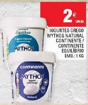 Promoção Iogurtes Grego Mythos Natural Continente 1kg em Continente