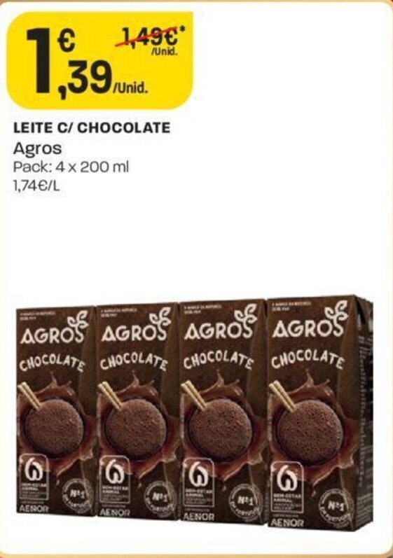 Promoção Leite c Chocolate Agros 4x200ml em Intermarché