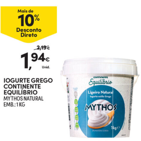 Promoção Iogurte Grego Continente Equilíbrio 1kg em Continente