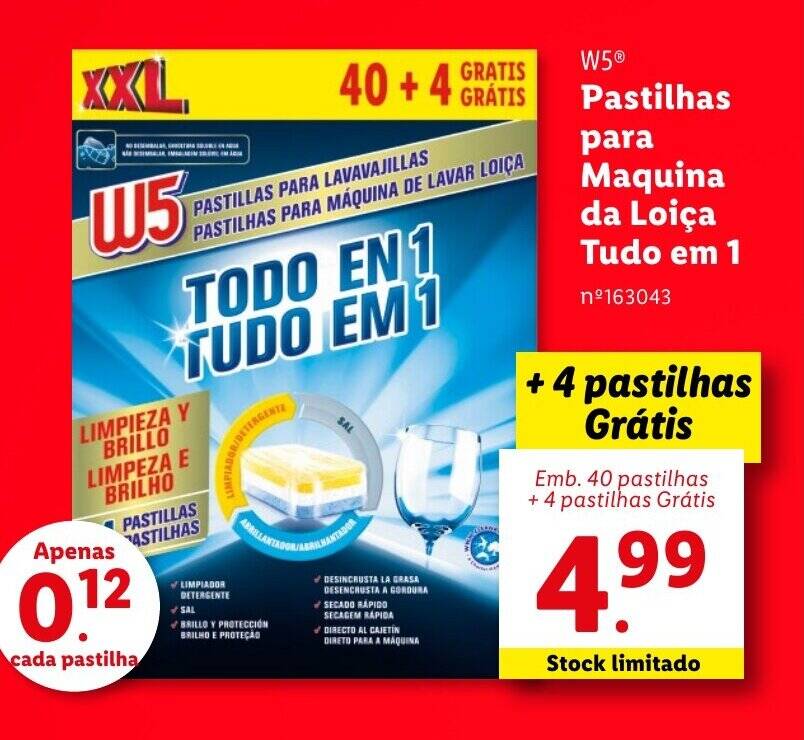 Promoção W5 Pastilhas para Maquina da Loiça Tudo em 1 Emb 40 pastilhas