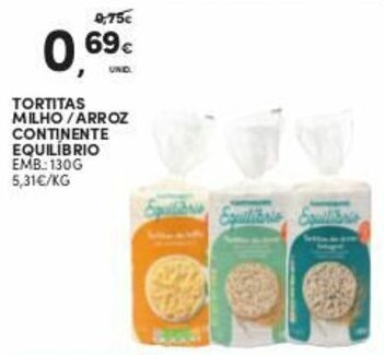 Promoção Tortitas Milho Arroz Continente Equilíbrio 130g em Continente