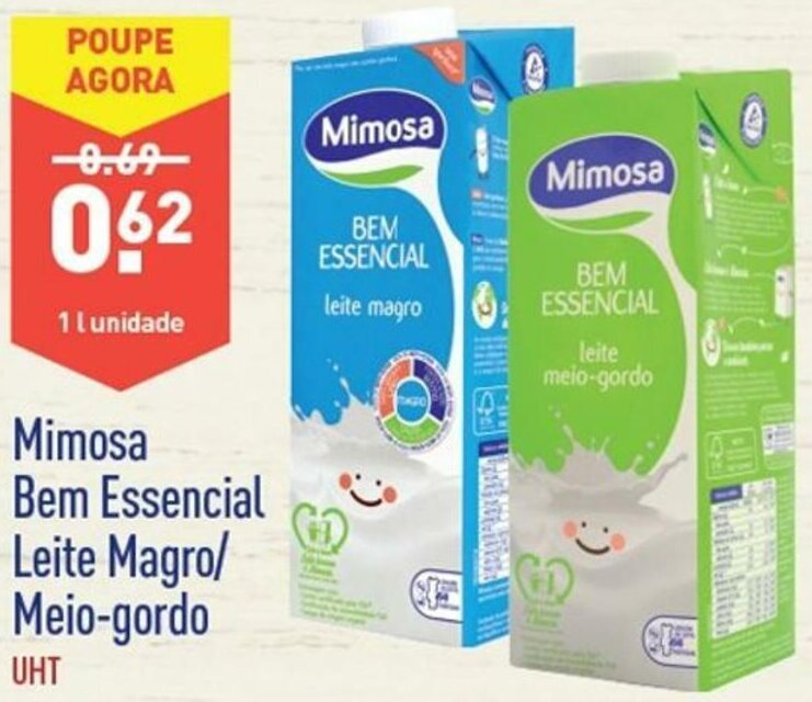 Promoção Mimosa Bem Essencial Leite Magro Meio gordo UHT 1L em ALDI