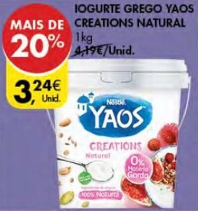 Promoção Iogurte Grego Yaos Creations Natural 1kg em Pingo Doce