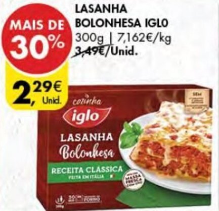 Promoção Lasanha Bolonhesa Iglo 300g em Pingo Doce