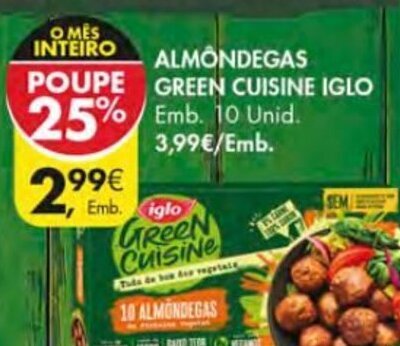 Promoção Almôndegas Green Cuisine Iglo 10 Unid em Pingo Doce