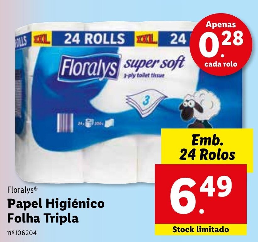 Promoção Floralys Papel Higiénico Folha Tripla 24 rolos em Lidl