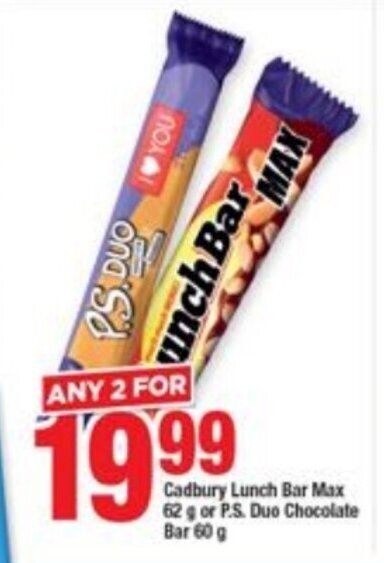 Cadbury Lunch Bar Max G Or P S Duo Chocolate Bar G Offer At Ok Foods