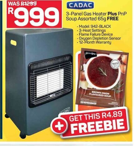 Cadac 3 Panel Gas Heater Plus PnP Soup Assorted 65g Free Offer At Pick