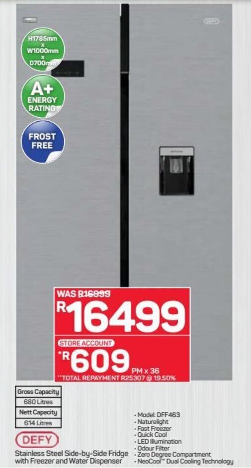 Defy Stainless Steel Side By Side Fridge With Freezer And Water