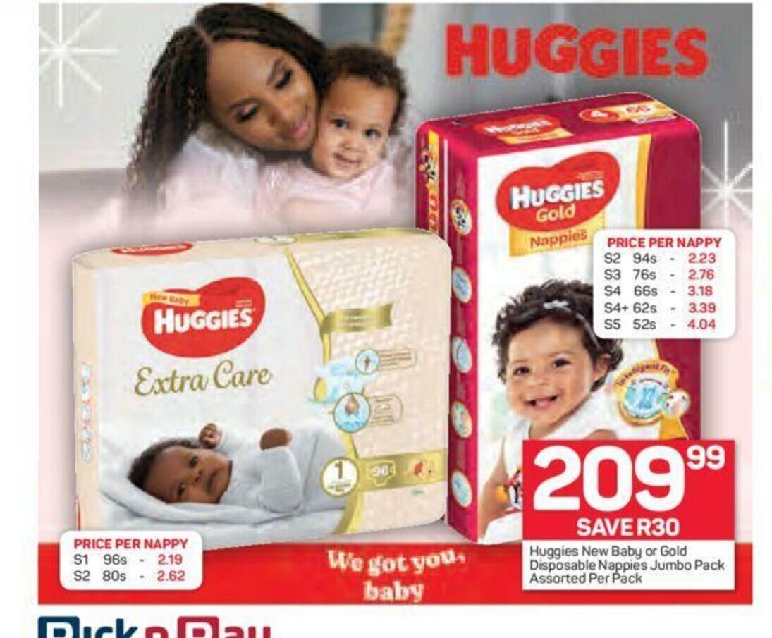 Huggies New Baby Or Gold Disposable Nappies Jumbo Pack Assorted Per