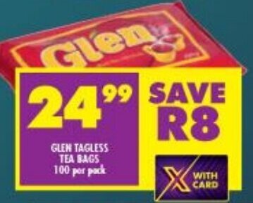 Glen Tagless Tea Bags Per Pack Offer At Shoprite