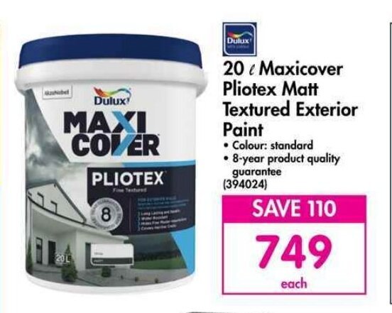 20 ℓ Maxicover Pliotex Matt Textured Exterior Paint offer at Makro