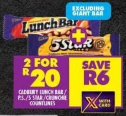 Cadbury Lunch Bar P S Star Crunchie Countlines Offer At Shoprite