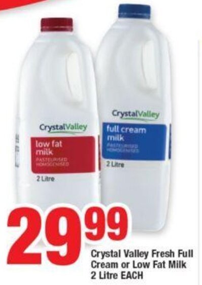 Crystal Valley Fresh Full Cream Or Low Fat Milk Litre Each Offer At