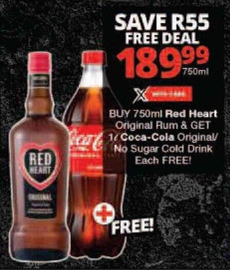 Buy Ml Red Heart Original Rum Get Coca Cola Original No Sugar