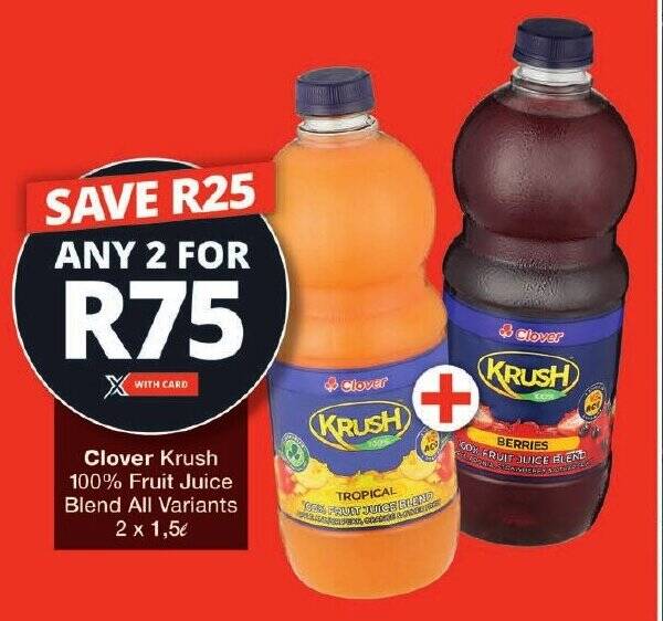 Clover Krush 100 Fruit Juice Blend All Variants 2 X 1 5L Offer At Checkers