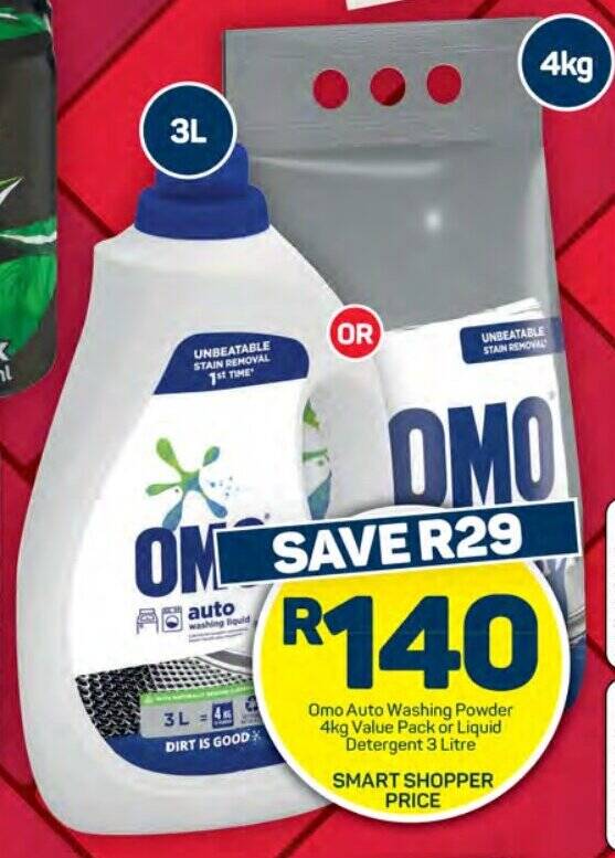 Omo Auto Washing Powder 4kg Value Pack Or Liquid Detergent 3 Litre